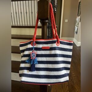 Vera Bradley Nautical Striped Tote Bag with RETIRED Cobalt Tile Pattern Accents